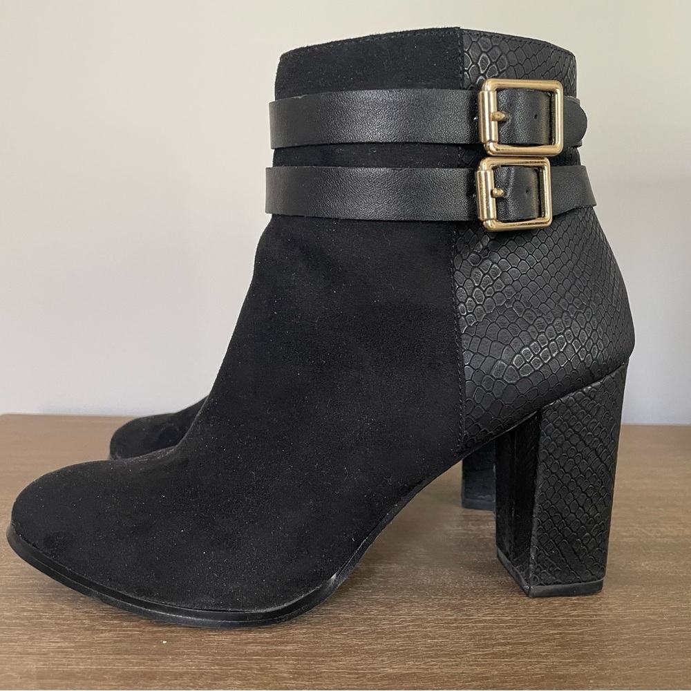 Faux Suede and Snakeskin Black Ankle Boots